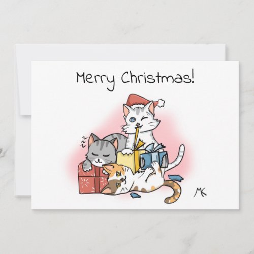 Cartoon Kittens unwrapping Christmas Presents Holiday Card