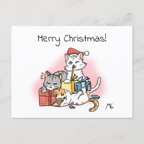 Cartoon Kittens unwrapping Christmas Presents Holiday Postcard