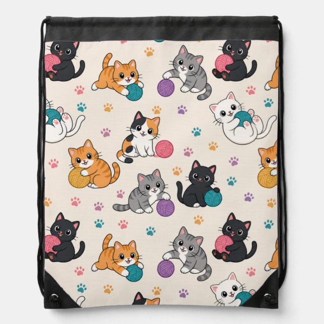 Cartoon Kittens with yarn Drawstring Bag (Front)