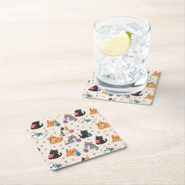 Cartoon Kittens with yarn Square Paper Coaster (Insitu)