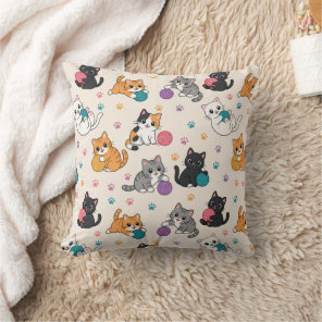 Cartoon Kittens with yarn Throw Pillow