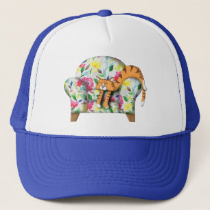 Cartoon Kitty asleep on a floral chair Trucker Hat