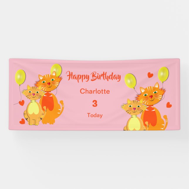 Cartoon Kitty Cat Kids Happy Birthday Personalized Banner (Horizontal)