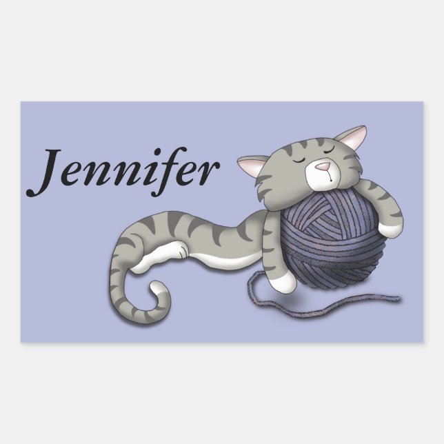 Cartoon Kitty with ball of yarn Rectangular Sticker (Front)