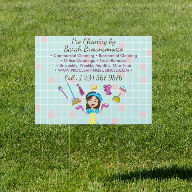 Cartoon Lady Janitor Cleaning Business Advertising Sign (Insitu)