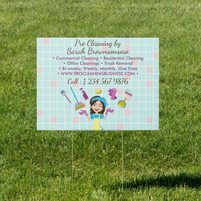 Cartoon Lady Janitor Cleaning Business Advertising Sign