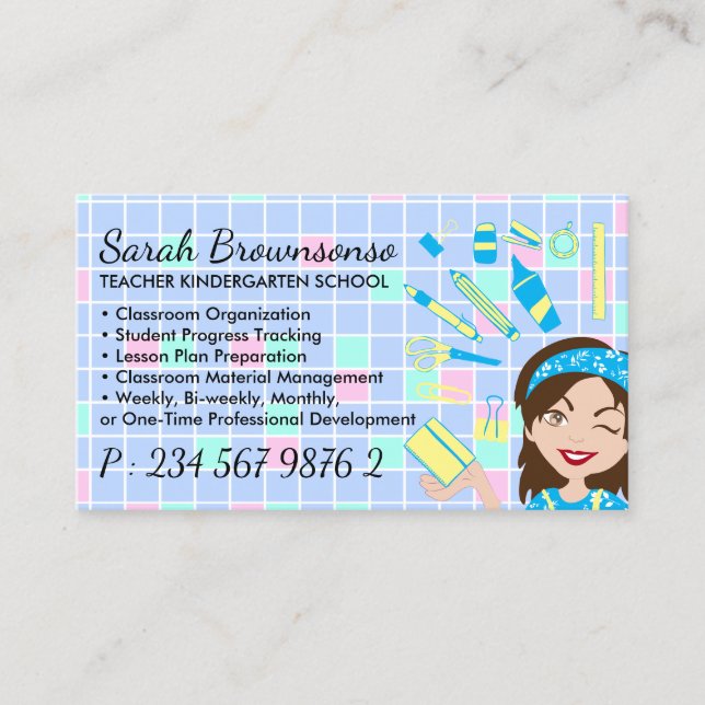 Cartoon Lady Teacher School Supplies Business Card (Front)