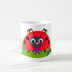 Cartoon Ladybug Bow and Flowers Coffee Mug
