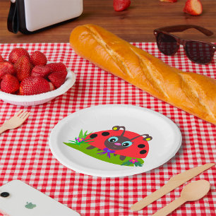 Cartoon Ladybug Bow and Flowers Paper Plates