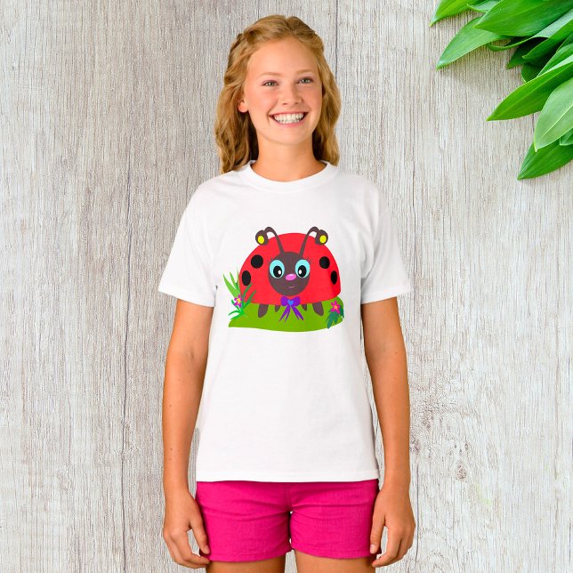 Cartoon Ladybug Bow and Flowers T-Shirt (Creator Uploaded)