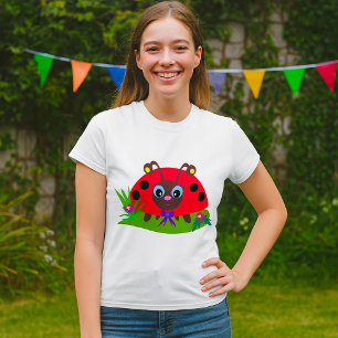 Cartoon Ladybug Bow and Flowers T-Shirt