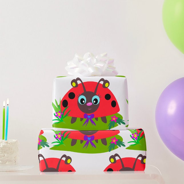 Cartoon Ladybug Bow and Flowers Wrapping Paper (Creator Uploaded)