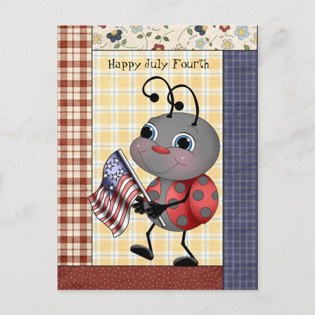 Cartoon Ladybug July Fourth postcard (Front)