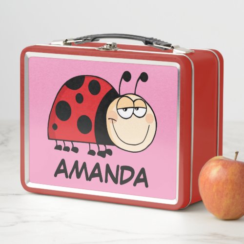 Cartoon Ladybug Personalized Child Name Metal Lunch Box