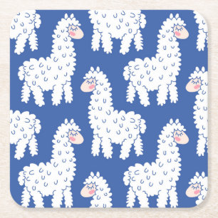 Cartoon lama alpaca, vintage pattern square paper coaster