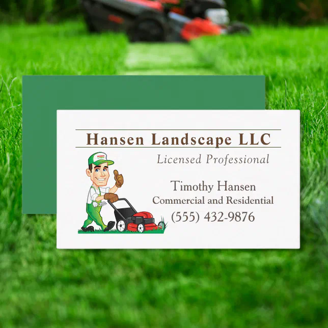 Cartoon Lawn Mowing Guy Landscaping Yard Service Business Card | Zazzle