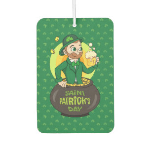 Cartoon leprechaun in a pot of gold holding a pint air freshener