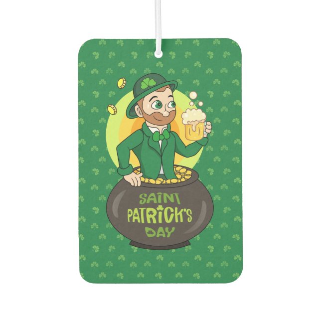 Cartoon leprechaun in a pot of gold holding a pint air freshener (Front)