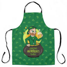 Cartoon leprechaun in a pot of gold holding a pint