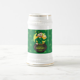 Cartoon leprechaun in a pot of gold holding a pint beer stein