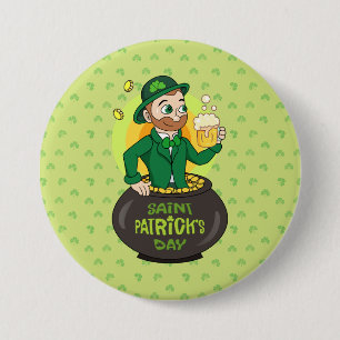Cartoon leprechaun in a pot of gold holding a pint button