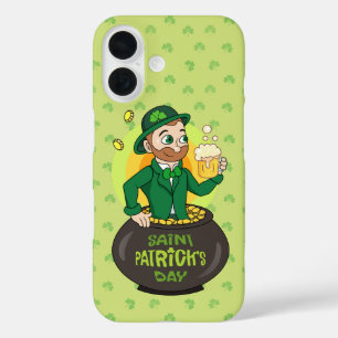 Cartoon leprechaun in a pot of gold holding a pint iPhone 16 case