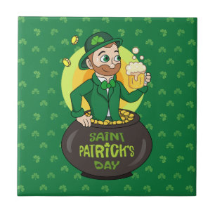 Cartoon leprechaun in a pot of gold holding a pint ceramic tile