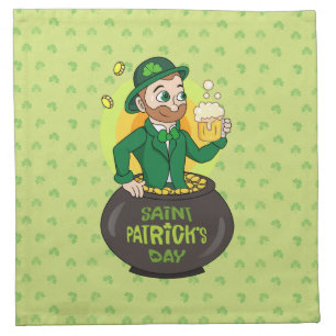Cartoon leprechaun in a pot of gold holding a pint cloth napkin