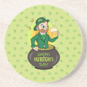 Cartoon leprechaun in a pot of gold holding a pint coaster