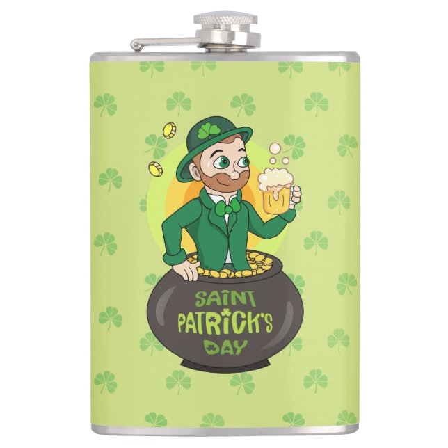 Cartoon leprechaun in a pot of gold holding a pint flask (Front)