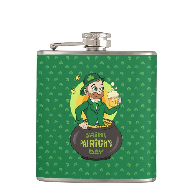 Cartoon leprechaun in a pot of gold holding a pint flask (Front)