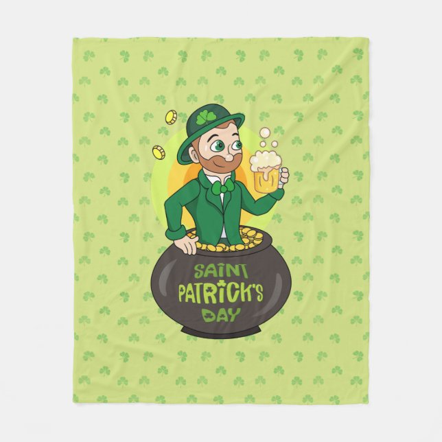 Cartoon leprechaun in a pot of gold holding a pint fleece blanket (Front)