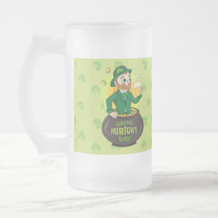 Cartoon leprechaun in a pot of gold holding a pint frosted glass beer mug