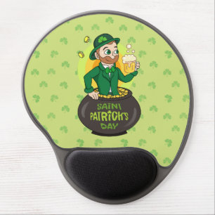 Cartoon leprechaun in a pot of gold holding a pint gel mouse pad