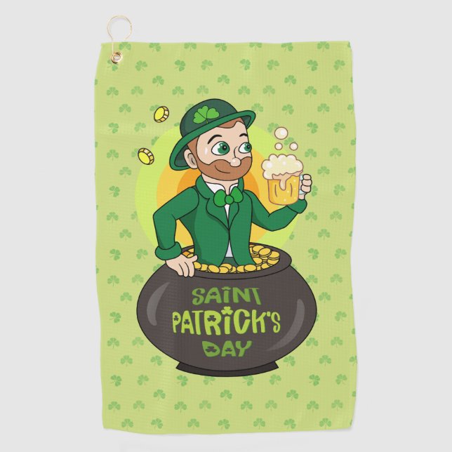 Cartoon leprechaun in a pot of gold holding a pint golf towel (Front)