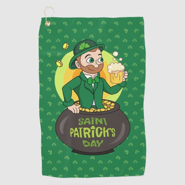 Cartoon leprechaun in a pot of gold holding a pint golf towel (Front)