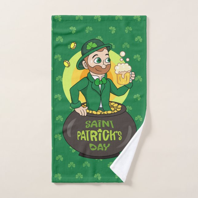 Cartoon leprechaun in a pot of gold holding a pint hand towel  (Hand Towel)