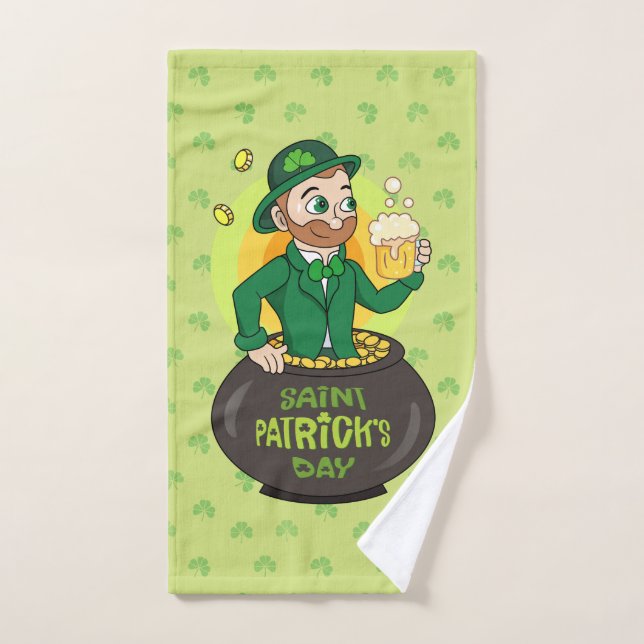 Cartoon leprechaun in a pot of gold holding a pint hand towel  (Hand Towel)