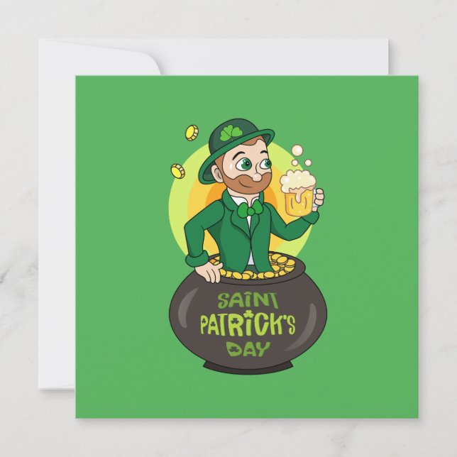 Cartoon leprechaun in a pot of gold holding a pint invitation (Front)