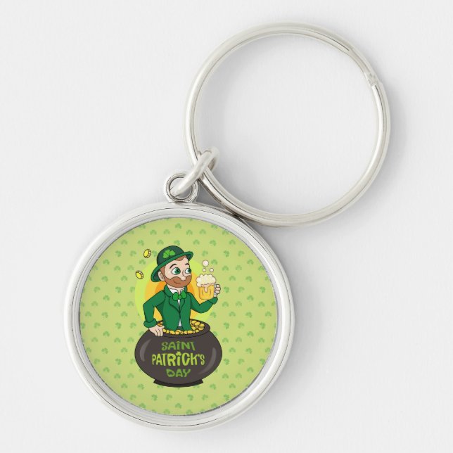 Cartoon leprechaun in a pot of gold holding a pint keychain (Front)