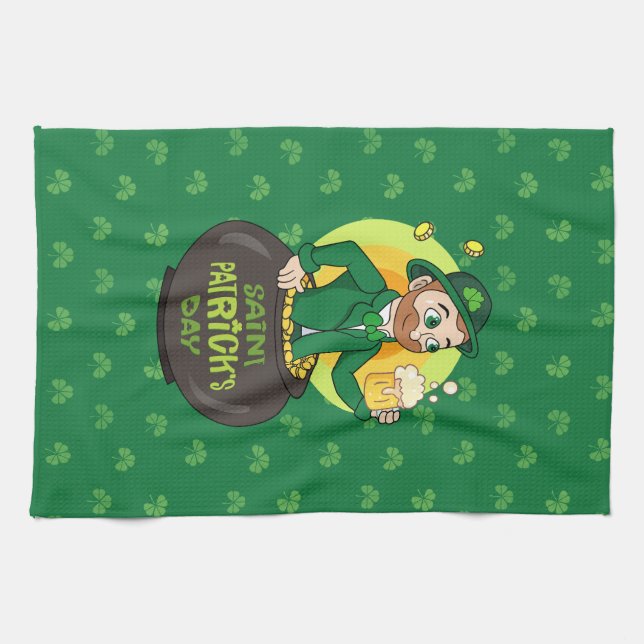 Cartoon leprechaun in a pot of gold holding a pint kitchen towel (Horizontal)