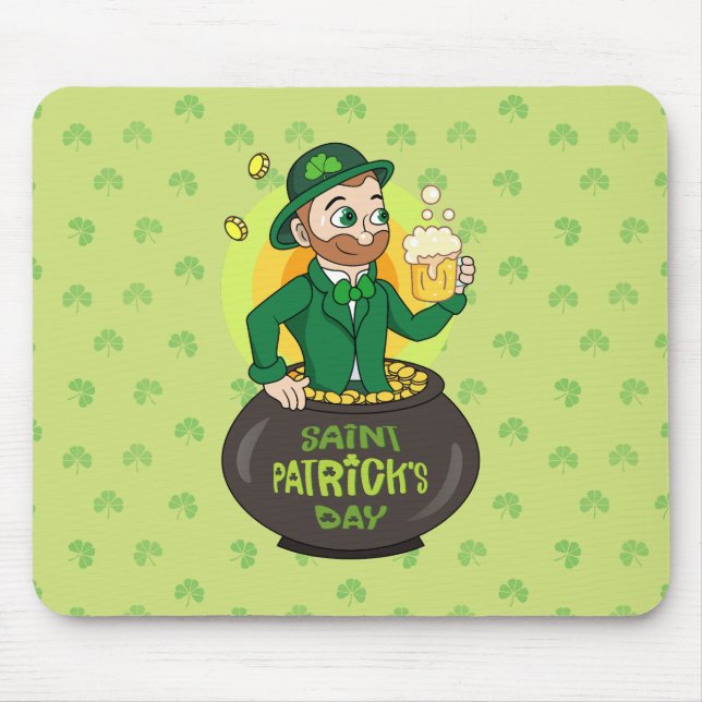 Cartoon leprechaun in a pot of gold holding a pint mouse pad (Front)