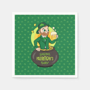 Cartoon leprechaun in a pot of gold holding a pint napkins