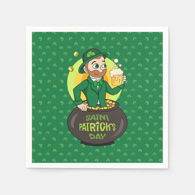 Cartoon leprechaun in a pot of gold holding a pint napkins (Front)