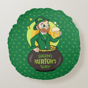 Cartoon leprechaun in a pot of gold holding a pint round pillow