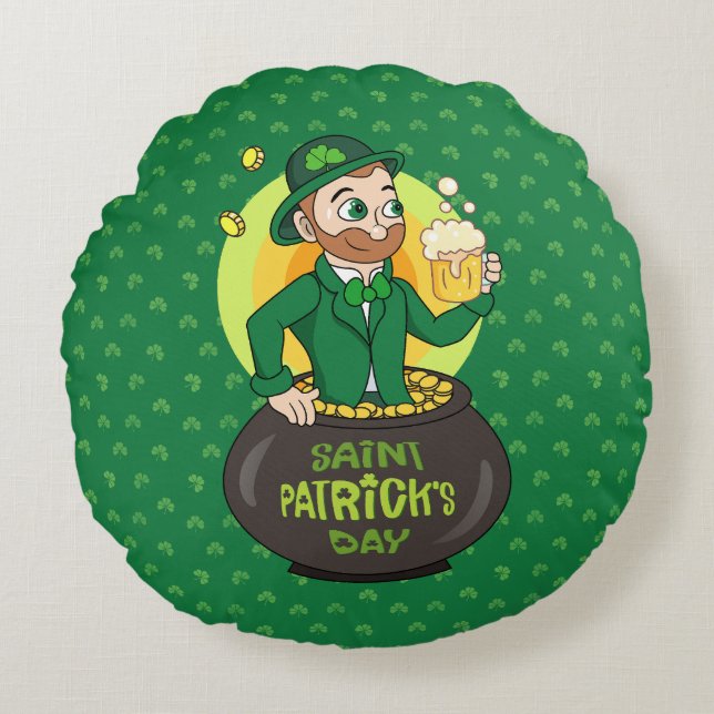 Cartoon leprechaun in a pot of gold holding a pint round pillow (Front)