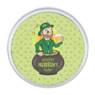 Cartoon leprechaun in a pot of gold holding a pint silver finish lapel pin