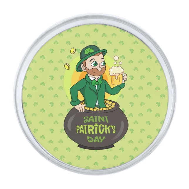 Cartoon leprechaun in a pot of gold holding a pint silver finish lapel pin (Front)