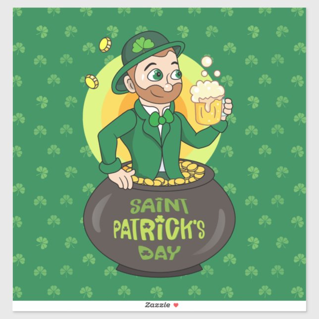 Cartoon leprechaun in a pot of gold holding a pint sticker (Sheet)