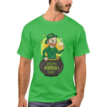 Cartoon leprechaun in a pot of gold holding a pint